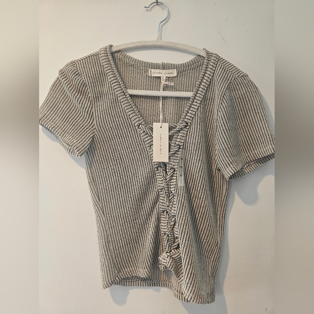 Gilded Intent Lace-Up Ribbed Knit Top XS Tan & Black Boho Crop - Picture 2 of 5